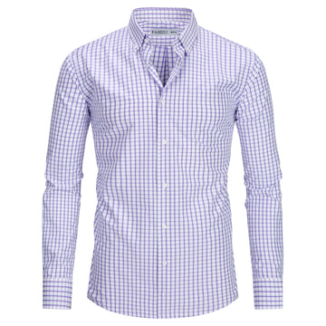FAHIZO Men's Double Line Grid Check Long Sleeve Button Down Shirt
