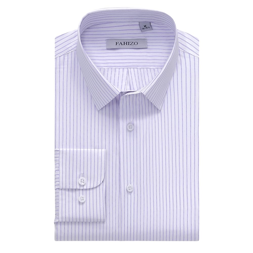 Purple view 1 - FAHIZO Men's Striped Dress Shirt Regular Fit Long Sleeve