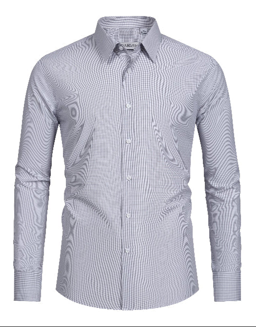 The FAHIZO Mens Dress Shirt offers a regular fit, casual long sleeves, checkered pattern, stretch fabric, and classic collar for stylish comfort.