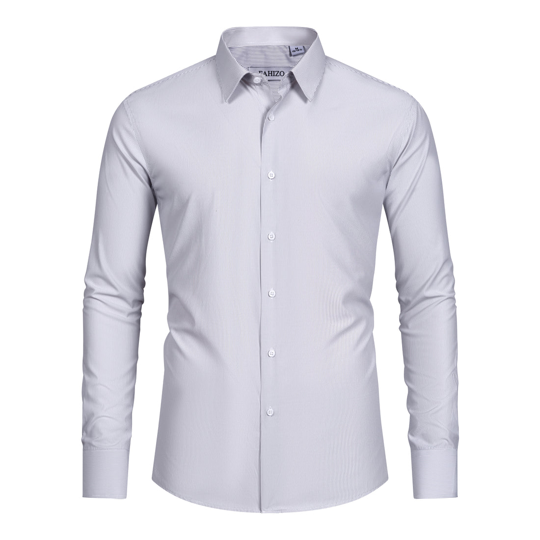 A light grey FAHIZO Mens Dress Shirt Regular Fit, featuring thin white vertical stripes and buttoned collar and cuffs, is neatly folded against a white background.
