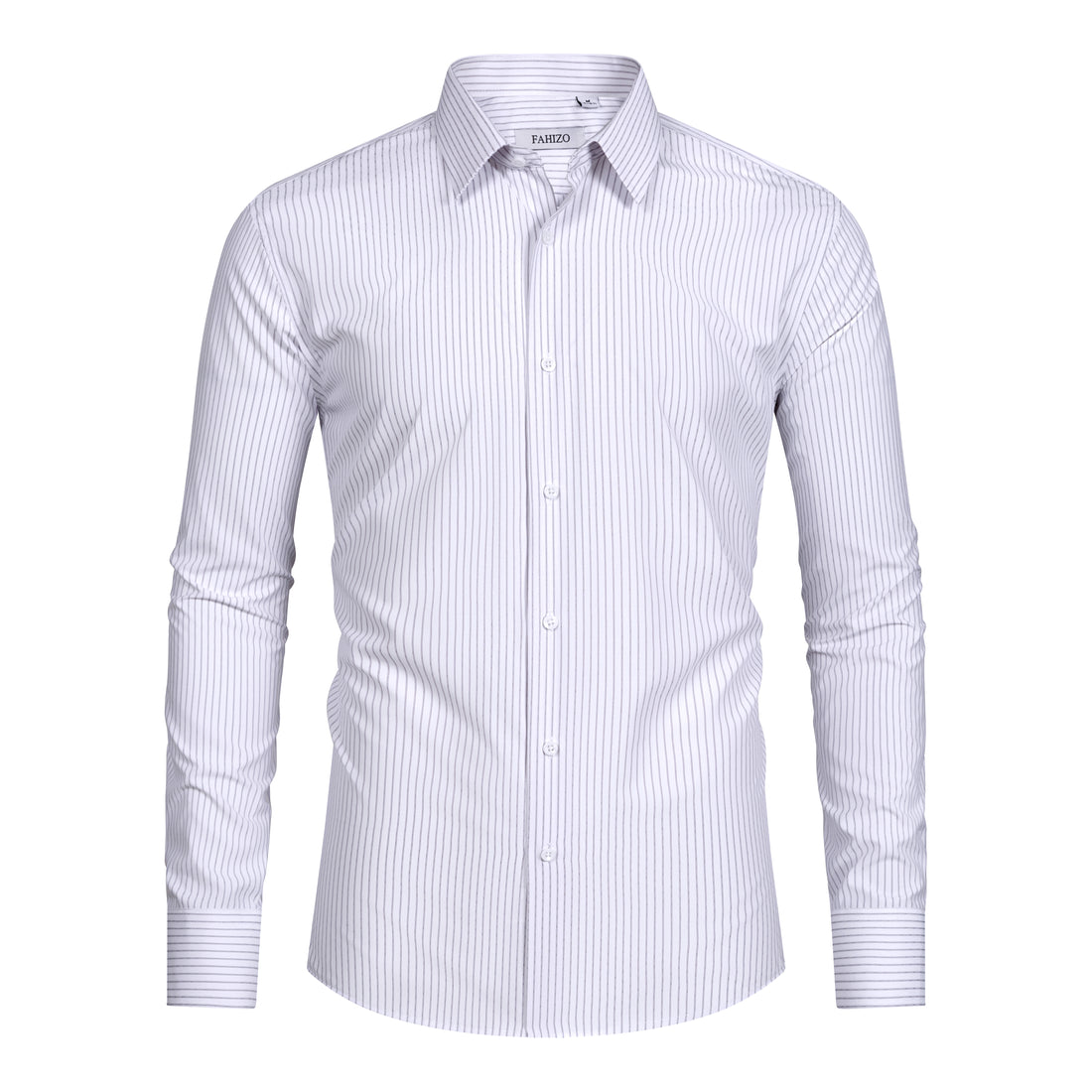 The FAHIZO Mens Dress Shirt Regular Fit Casual Long Sleeve is neatly folded, with thin black vertical stripes and a FAHIZO label inside the collar, displayed against a plain white background.