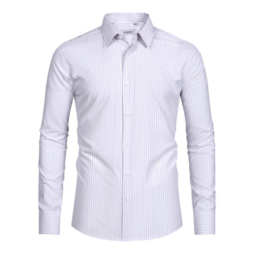 The FAHIZO Mens Dress Shirt features a regular fit, long sleeves, blue and white stripes, a pointed collar, buttoned cuffs, and stretch fabric. Displayed on a white background, this breathable casual shirt offers comfort and style.