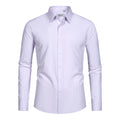 The FAHIZO Mens Dress Shirt features a regular fit, casual long sleeves, and striped stretch fabric. This white shirt with light purple stripes and classic collar offers breathable comfort and durability for any occasion.