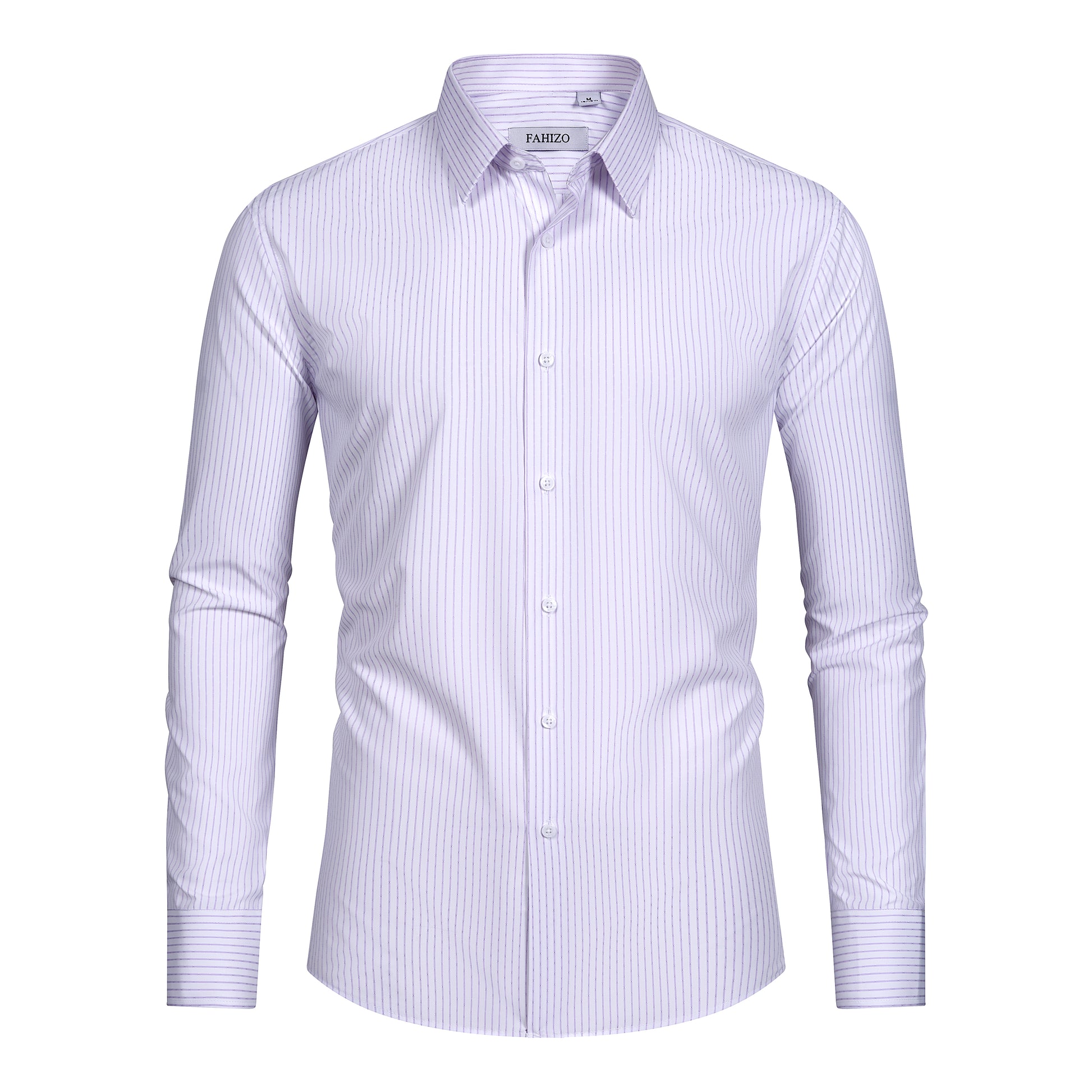 The FAHIZO Mens Dress Shirt features a regular fit, casual long sleeves, and striped stretch fabric. This white shirt with light purple stripes and classic collar offers breathable comfort and durability for any occasion.
