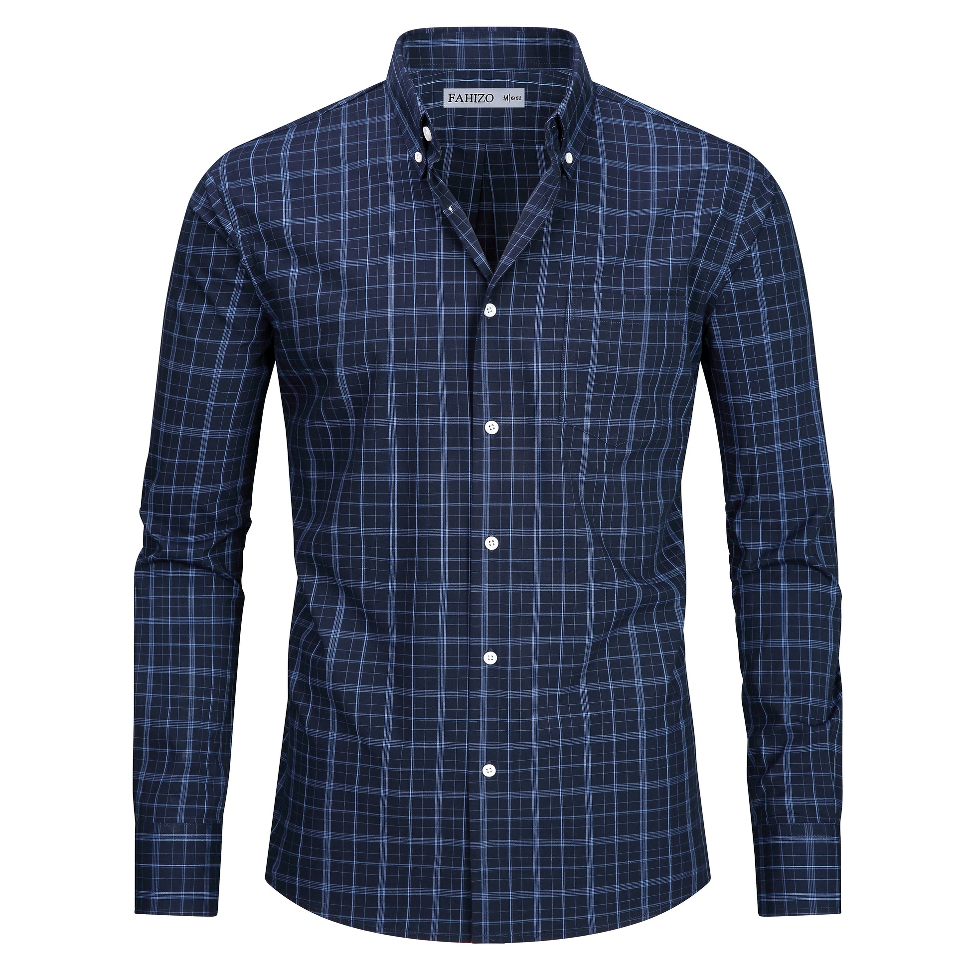 Navy Blue view 4 - FAHIZO Men's Plaid Button Down Dress Shirt Regular Fit Long Sleeve