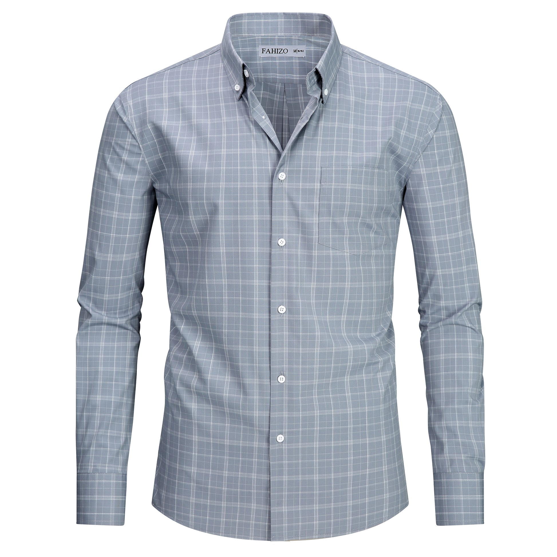 Grey view 3 - FAHIZO Men's Plaid Button Down Dress Shirt Regular Fit Long Sleeve