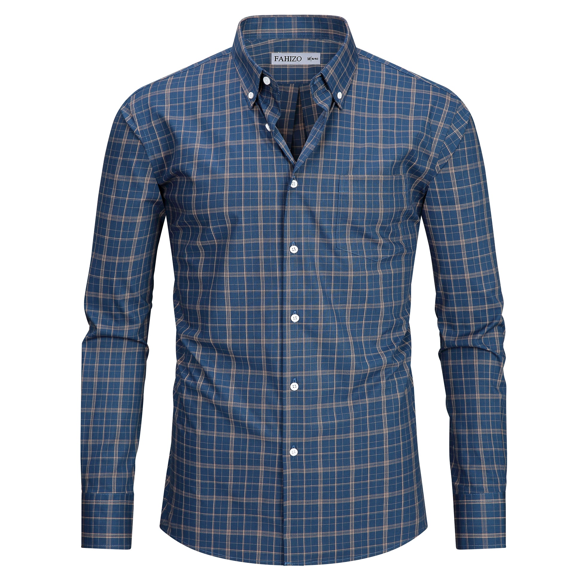 Dark Blue view 3 - FAHIZO Men's Plaid Button Down Dress Shirt Regular Fit Long Sleeve