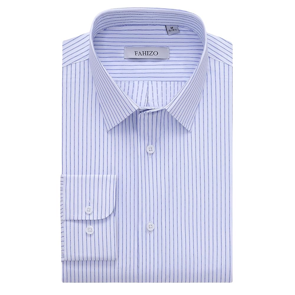 Navy view 3 - FAHIZO Men's Striped Dress Shirt Regular Fit Long Sleeve