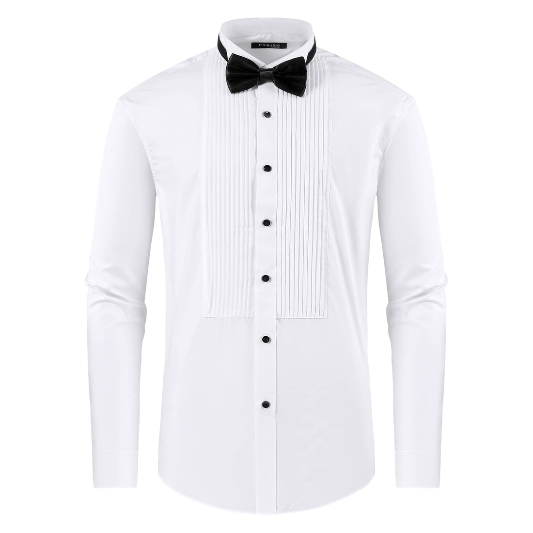 FAHIZO Men's White Tuxedo Shirt with Wing Collar, French Cuffs & Accessories