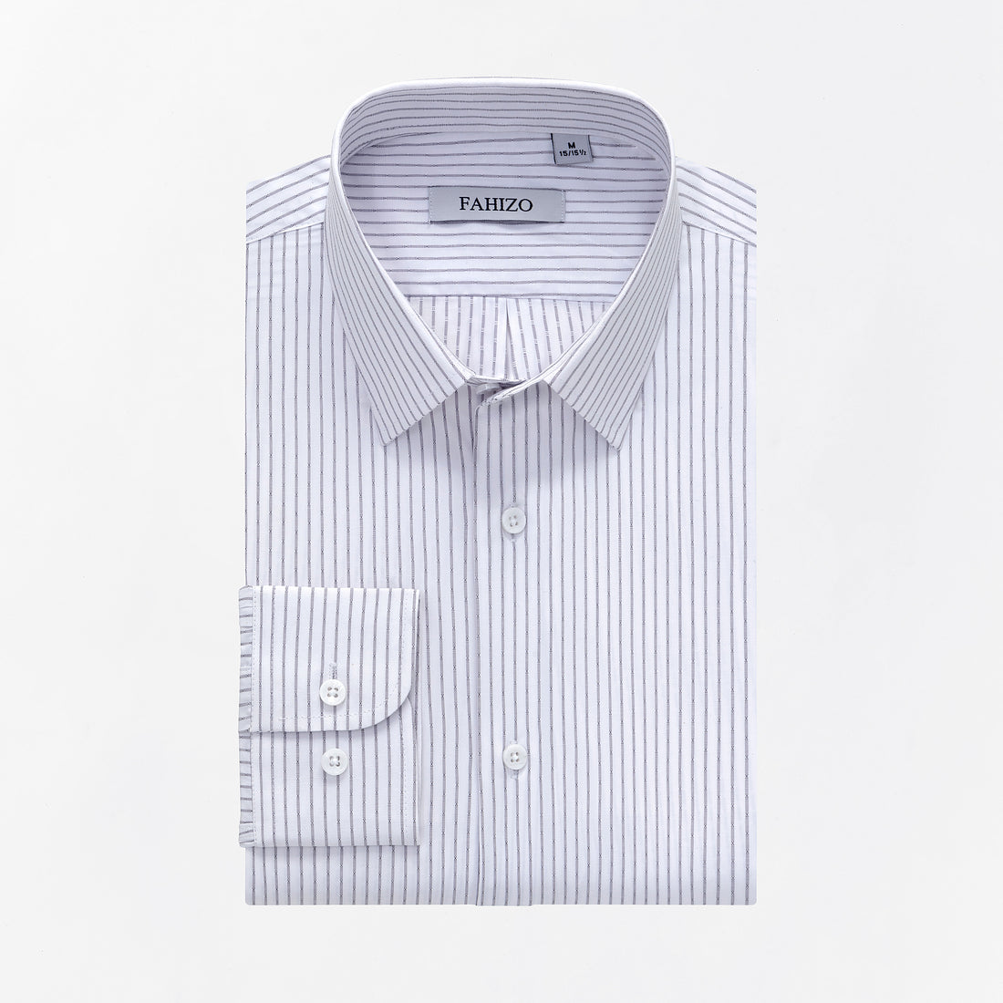 The FAHIZO Mens Dress Shirt Regular Fit Casual Long Sleeve is neatly folded, with thin black vertical stripes and a FAHIZO label inside the collar, displayed against a plain white background.
