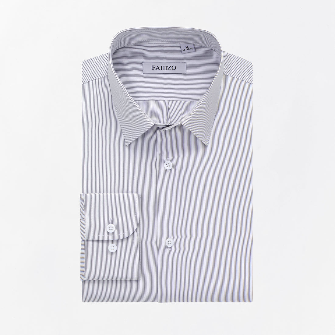 A light grey FAHIZO Mens Dress Shirt Regular Fit, featuring thin white vertical stripes and buttoned collar and cuffs, is neatly folded against a white background.