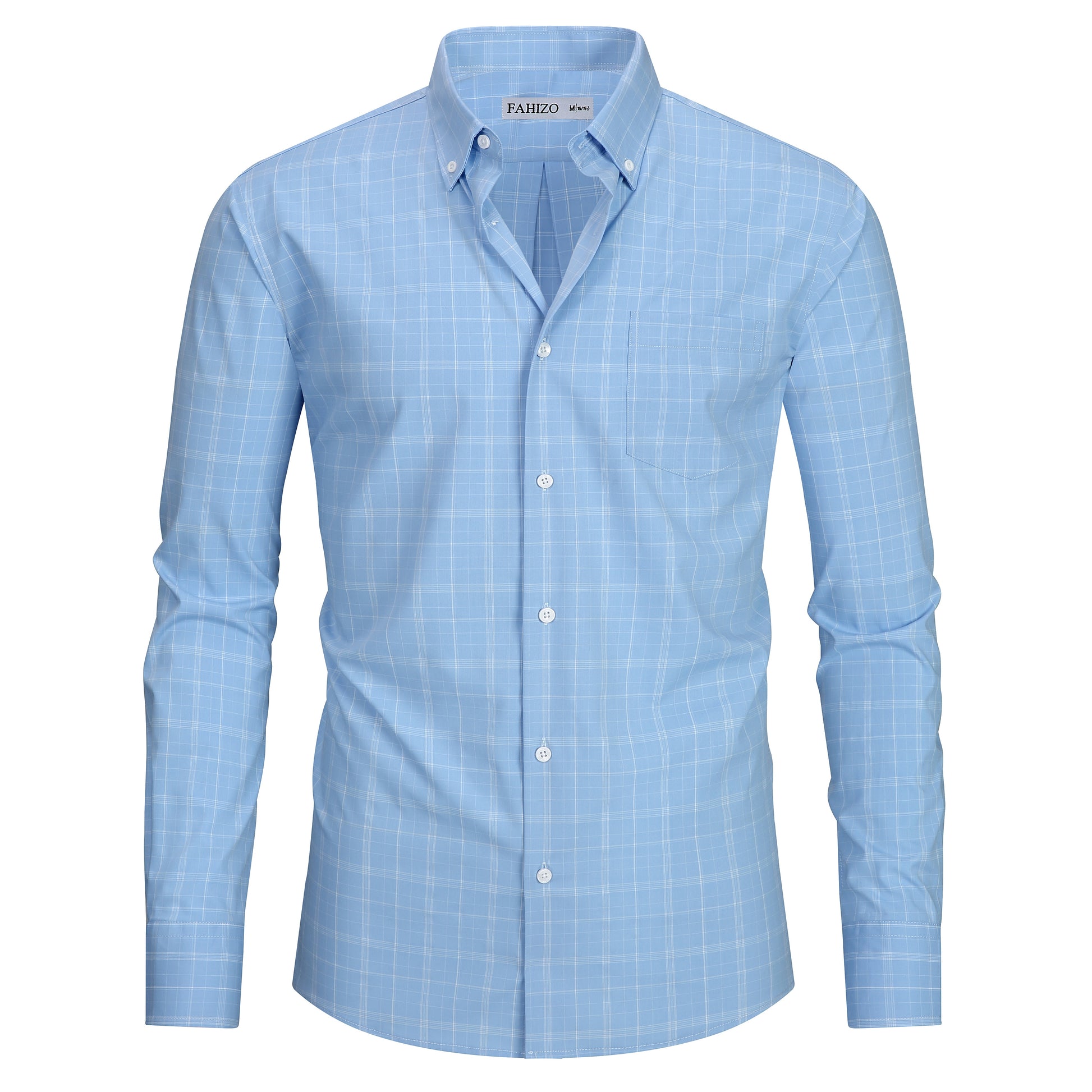 Light Blue view 6 - FAHIZO Men's Plaid Button Down Dress Shirt Regular Fit Long Sleeve