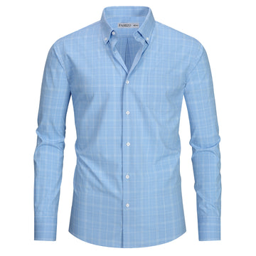 Light Blue view 6 - FAHIZO Men's Plaid Button Down Dress Shirt Regular Fit Long Sleeve